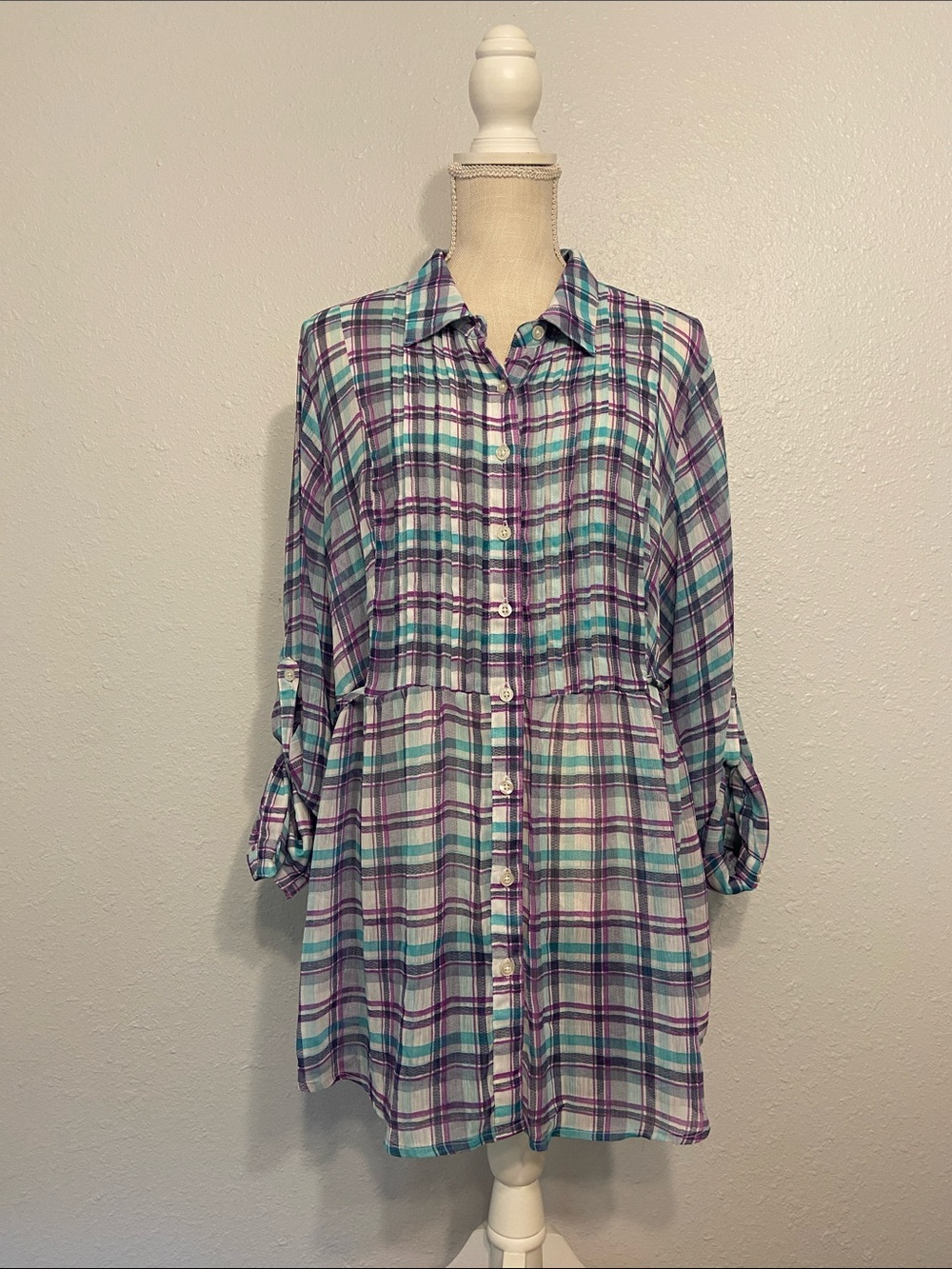 Torrid Blue & Purple Plaid Button Down Tie Back Lightweight Blouse Size 2